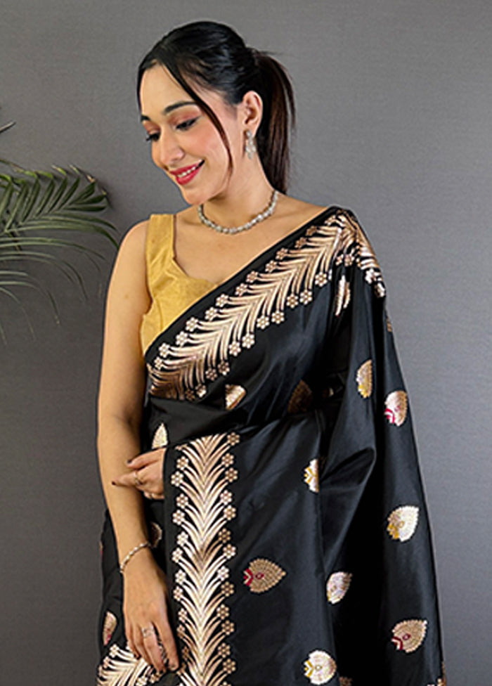 Black Spun Silk Saree With Blouse Piece