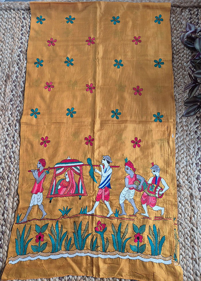 Mustard Silk Stole With Palki Kantha Work