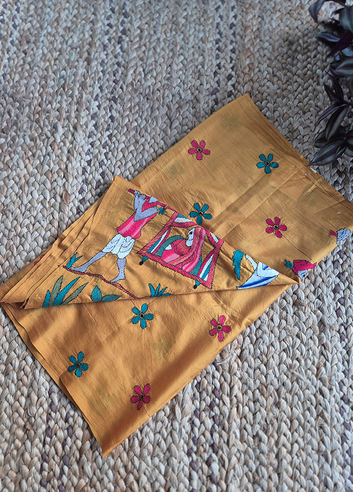 Mustard Silk Stole With Palki Kantha Work