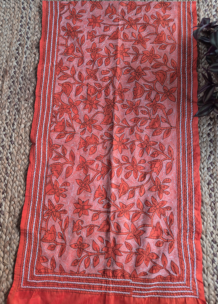 Rust Silk Dupatta With Kantha Work