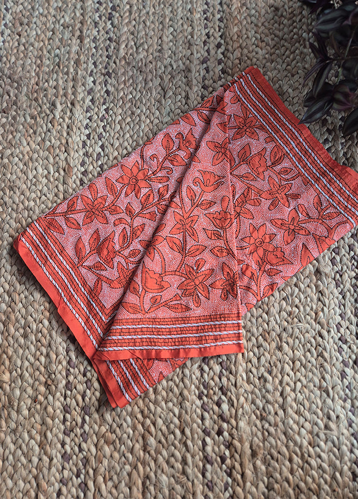 Rust Silk Dupatta With Kantha Work