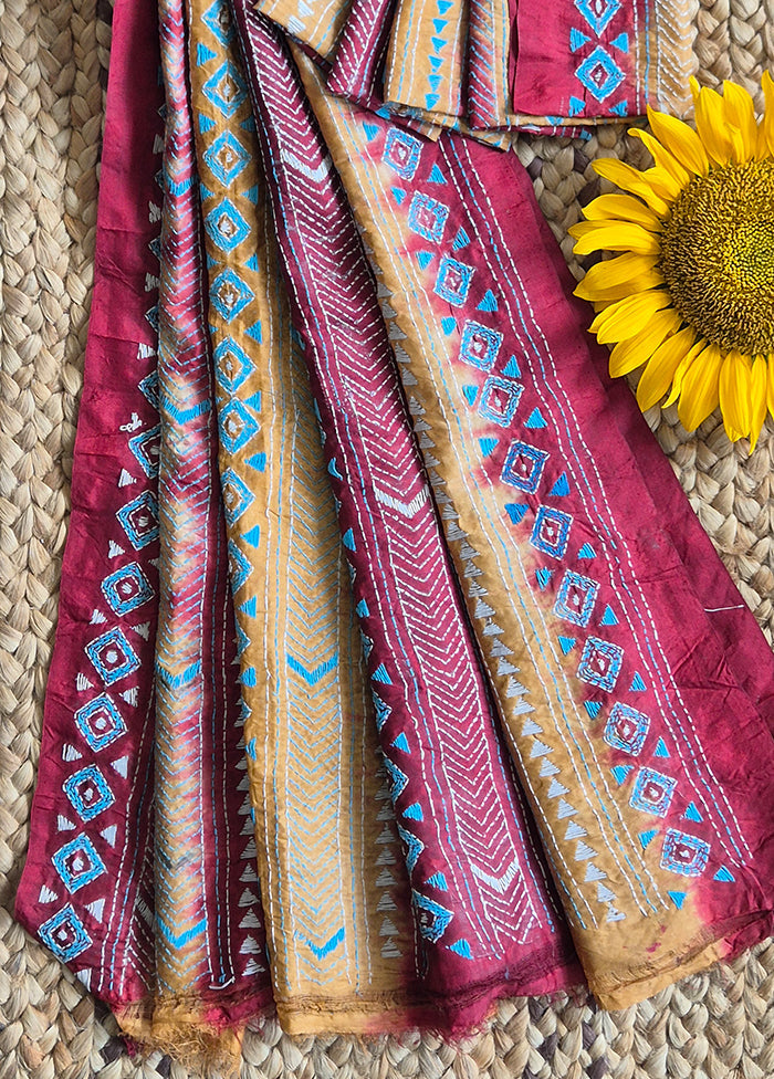 Brown Magenta Kantha Dupatta