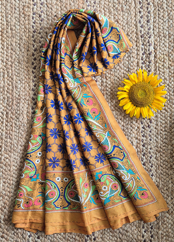 Mustard Body With Blue Flower Dupatta