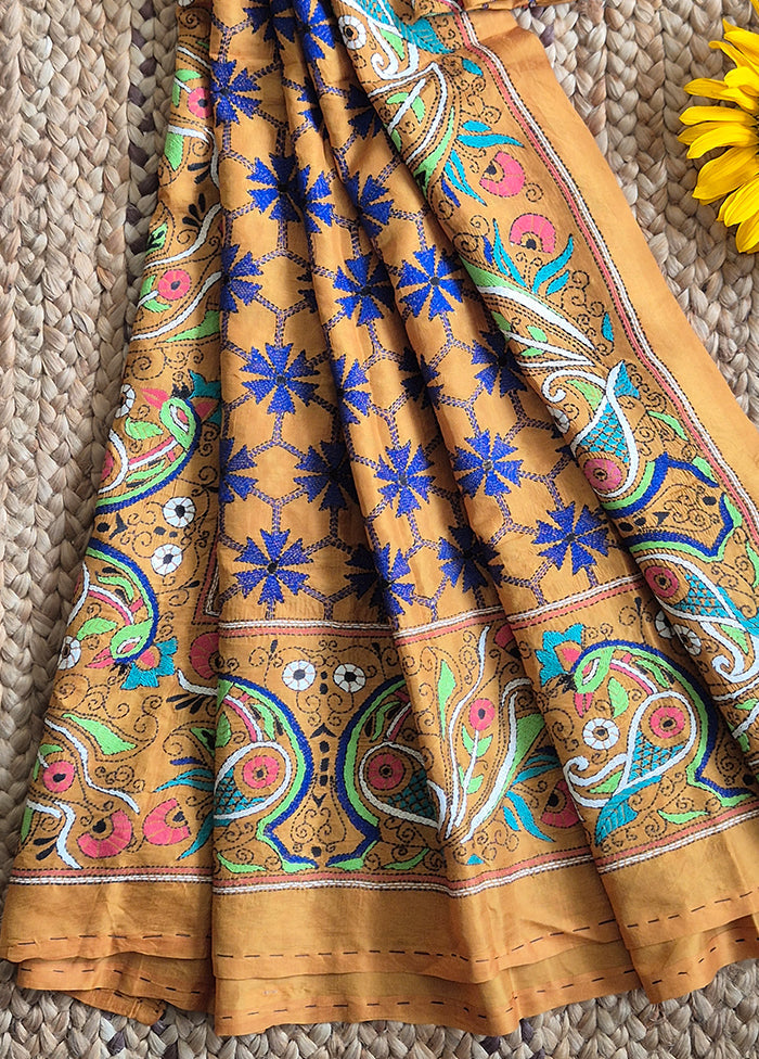 Mustard Body With Blue Flower Dupatta