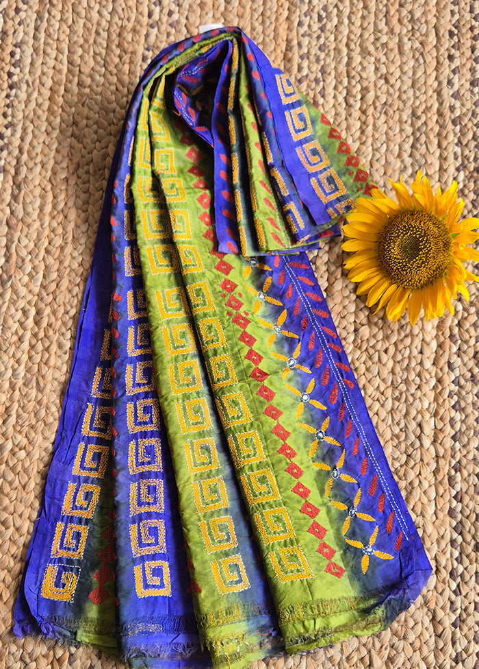 Blue And Pista With Yellow Thread Worked Dupatta