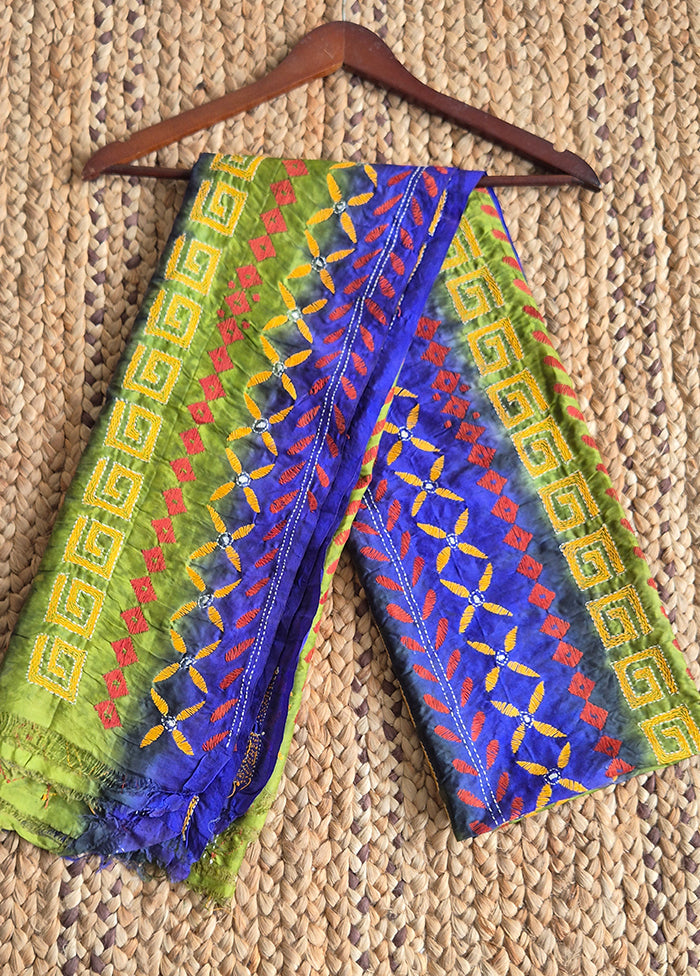 Blue And Pista With Yellow Thread Worked Dupatta