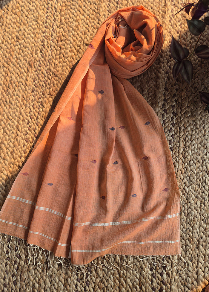 Orange Rust Jamdani Cotton With Small Leaf Motif