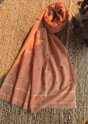 Orange Rust Jamdani Cotton With Small Leaf Motif