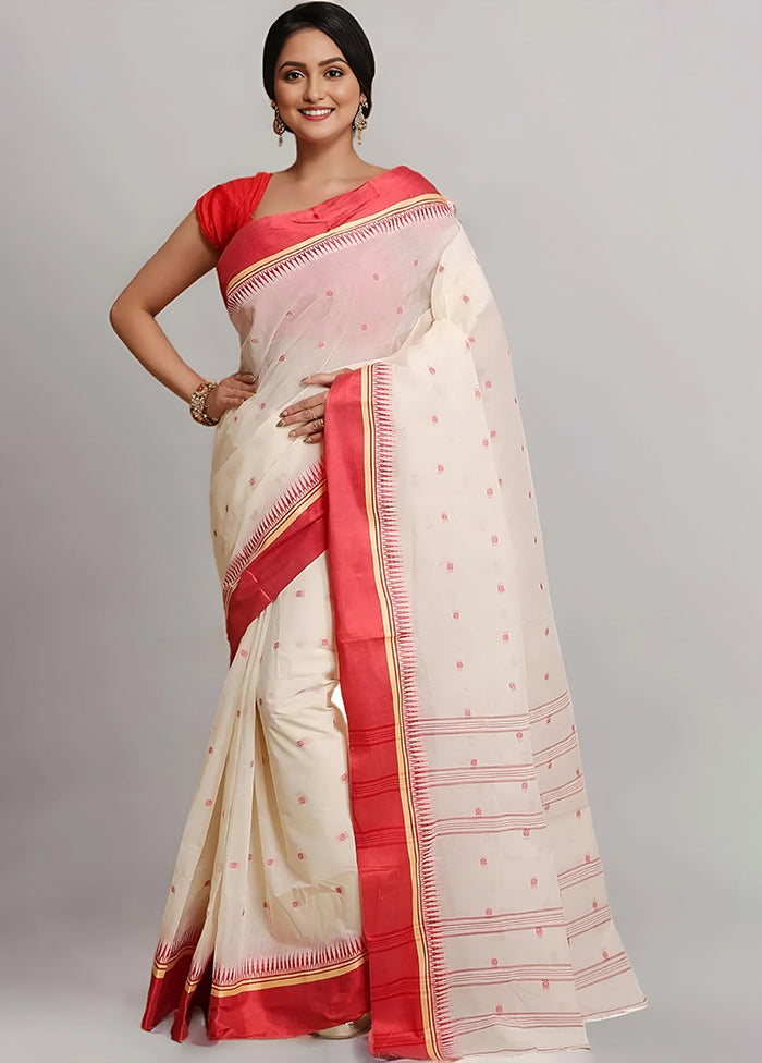 White Tant Jamdani Saree Without Blouse Piece