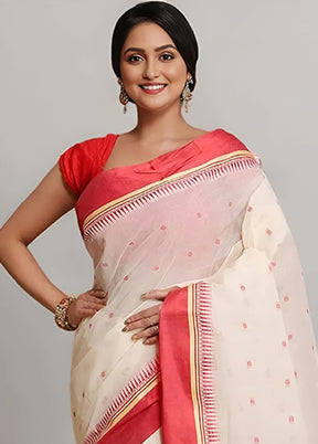 White Tant Jamdani Saree Without Blouse Piece