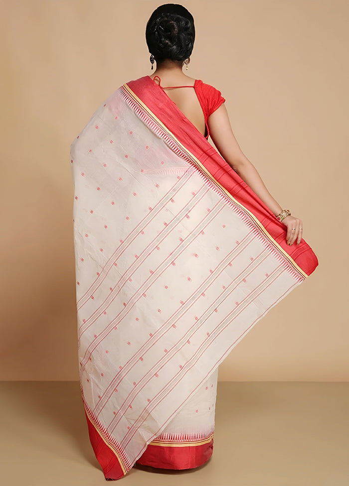 White Tant Jamdani Saree Without Blouse Piece