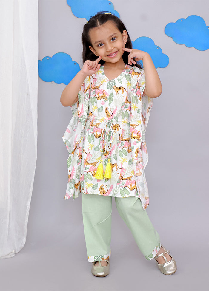 Cream Printed Work Cotton Kaftan