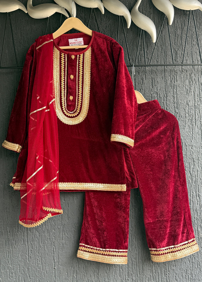3 Pc Maroon Cotton Suit Set