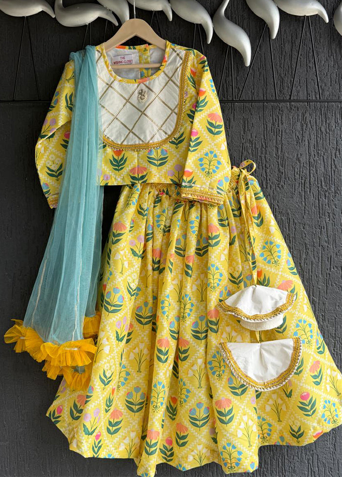 3 Pc Yellow Silk Floral Print Lehenga Set
