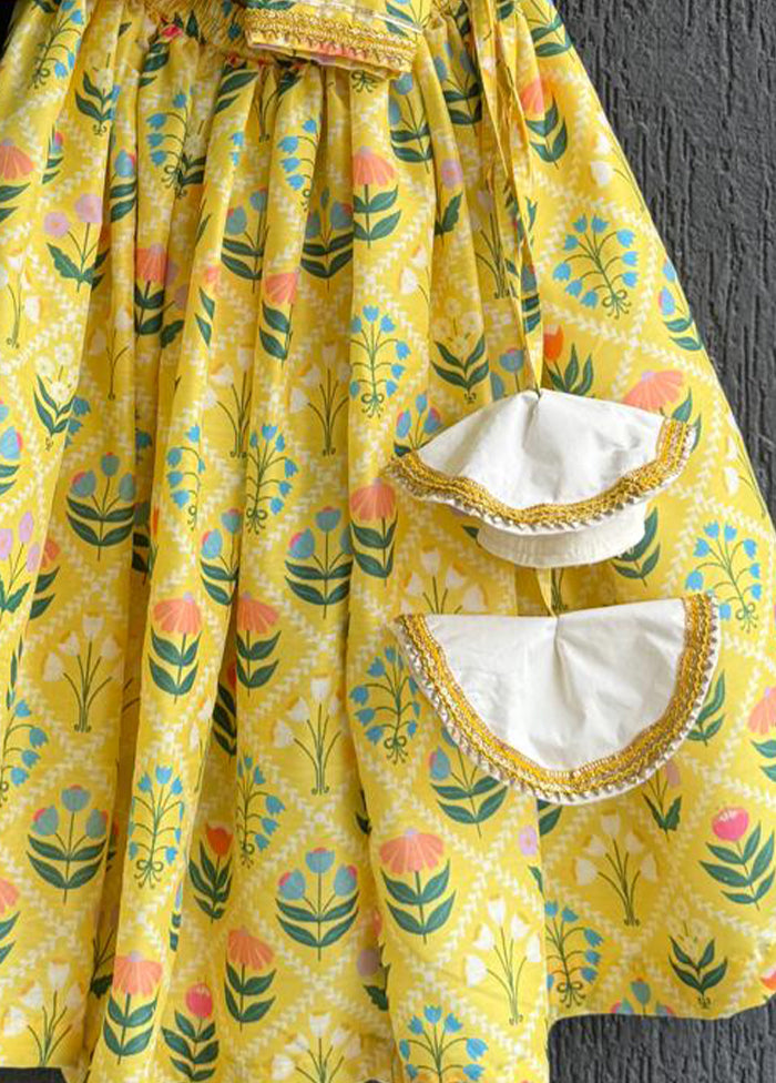 3 Pc Yellow Silk Floral Print Lehenga Set