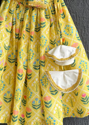 3 Pc Yellow Silk Floral Print Lehenga Set