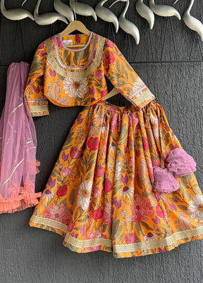 3 Pc Orange Silk Floral Print Lehenga Set