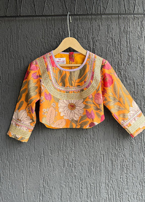 3 Pc Orange Silk Floral Print Lehenga Set