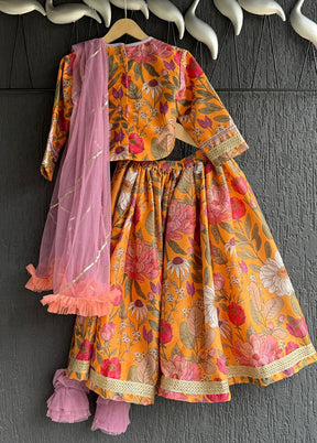 3 Pc Orange Silk Floral Print Lehenga Set