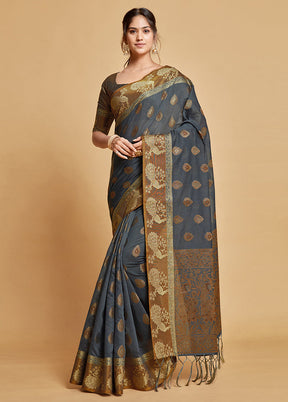 Grey Chanderi Silk Saree With Blouse Piece