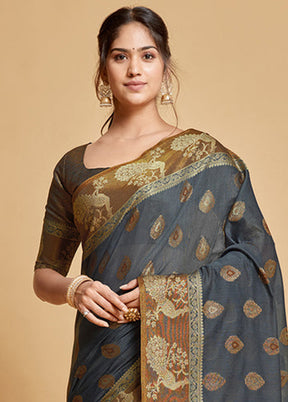 Grey Chanderi Silk Saree With Blouse Piece