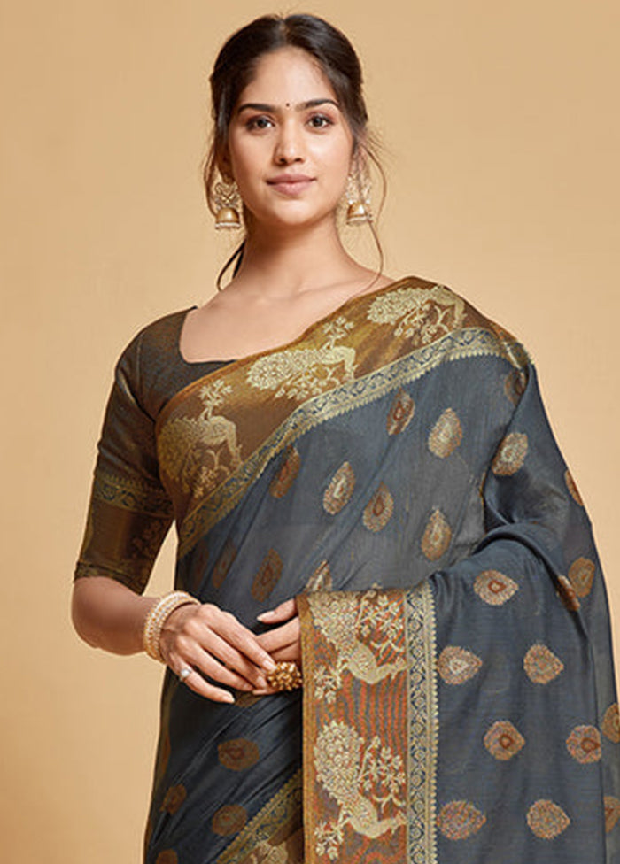 Grey Chanderi Silk Saree With Blouse Piece