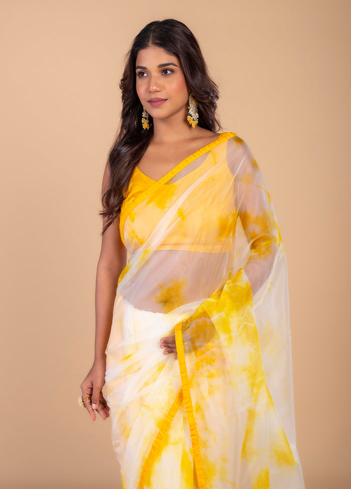 Yellow & White Pure Organza Saree by LUKSE