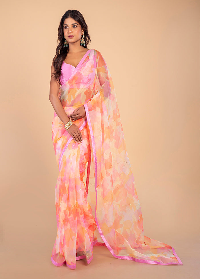 Peach Organza Foil Print Saree by LUKSE