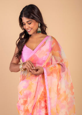 Peach Organza Foil Print Saree by LUKSE