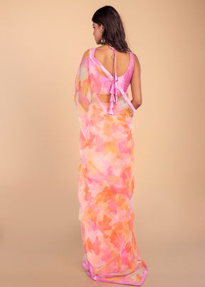 Peach Organza Foil Print Saree by LUKSE