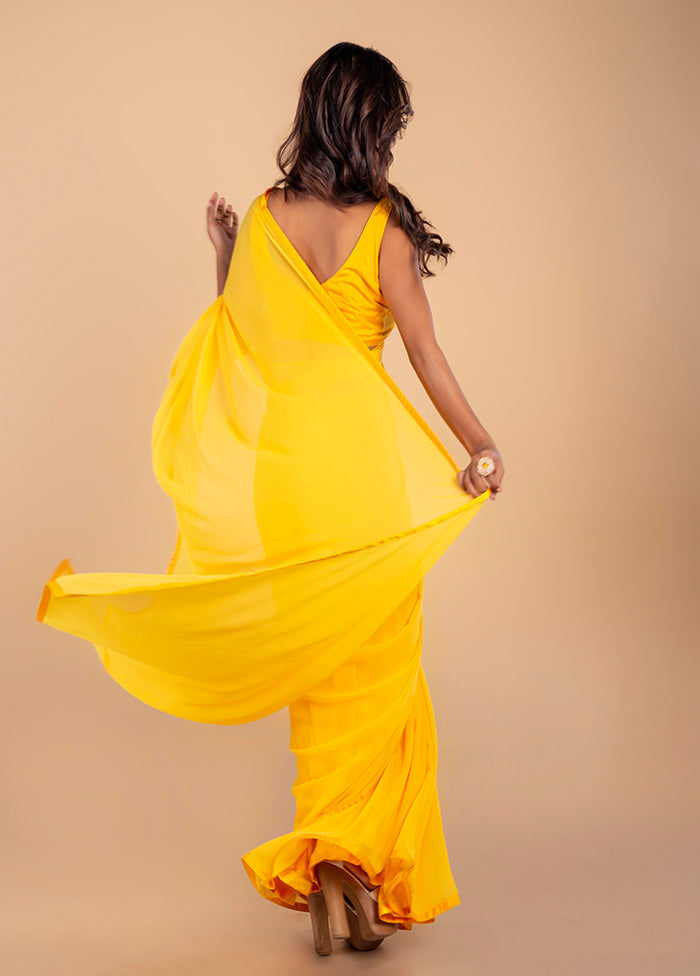 Bright Yellow Georgette Saree by LUKSE