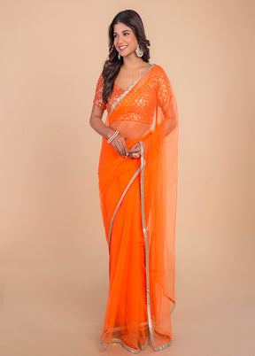 Orange Pure Net Saree by LUKSE