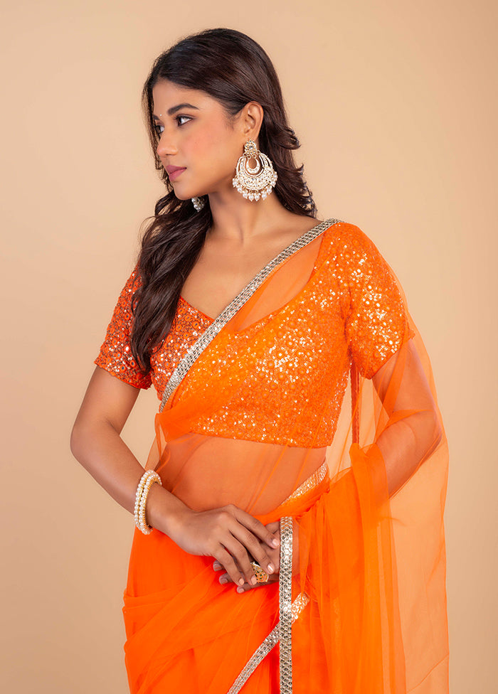 Orange Pure Net Saree by LUKSE