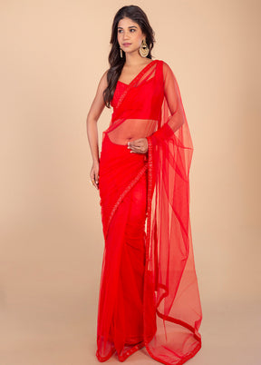Red Pure Chikankari Net Saree by LUKSE