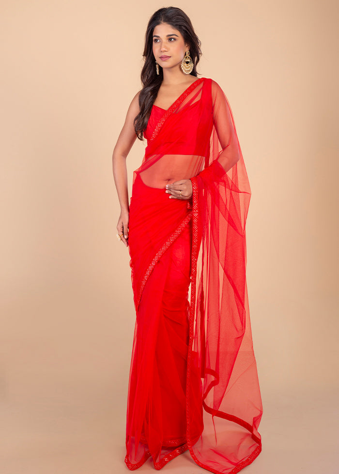 Red Pure Chikankari Net Saree by LUKSE