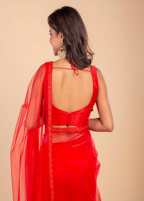 Red Pure Chikankari Net Saree by LUKSE
