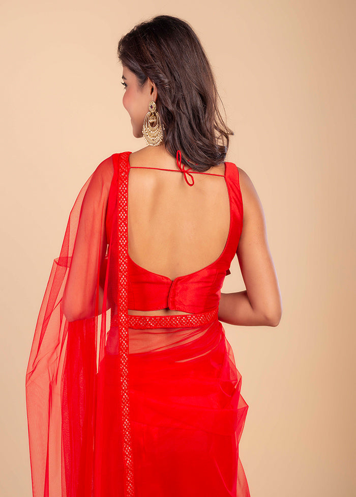 Red Pure Chikankari Net Saree by LUKSE