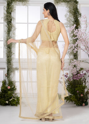Ivory Golden Whisper Net Saree by LUKSE