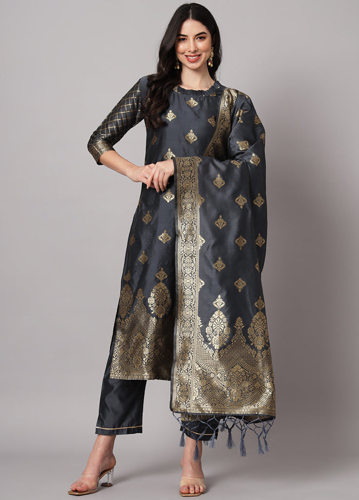 3 Pc Grey Readymade Cotton Dupatta Suit Set