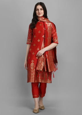 3 Pc Red Readymade Cotton Dupatta Suit Set