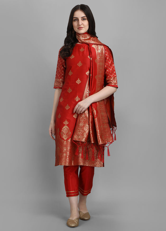 3 Pc Red Readymade Cotton Dupatta Suit Set