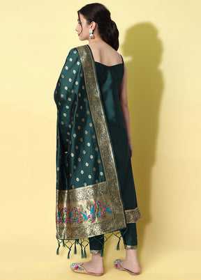 3 Pc Green Readymade Cotton Dupatta Suit Set