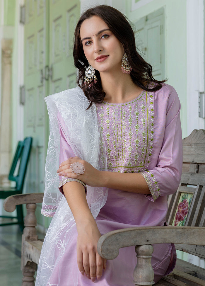 3 Pc Lavender Readymade Silk Dupatta Suit Set
