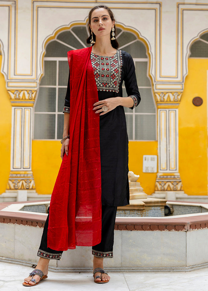 3 Pc Black Pure Readymade Silk Dupatta Suit Set