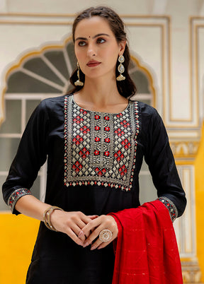 3 Pc Black Pure Readymade Silk Dupatta Suit Set