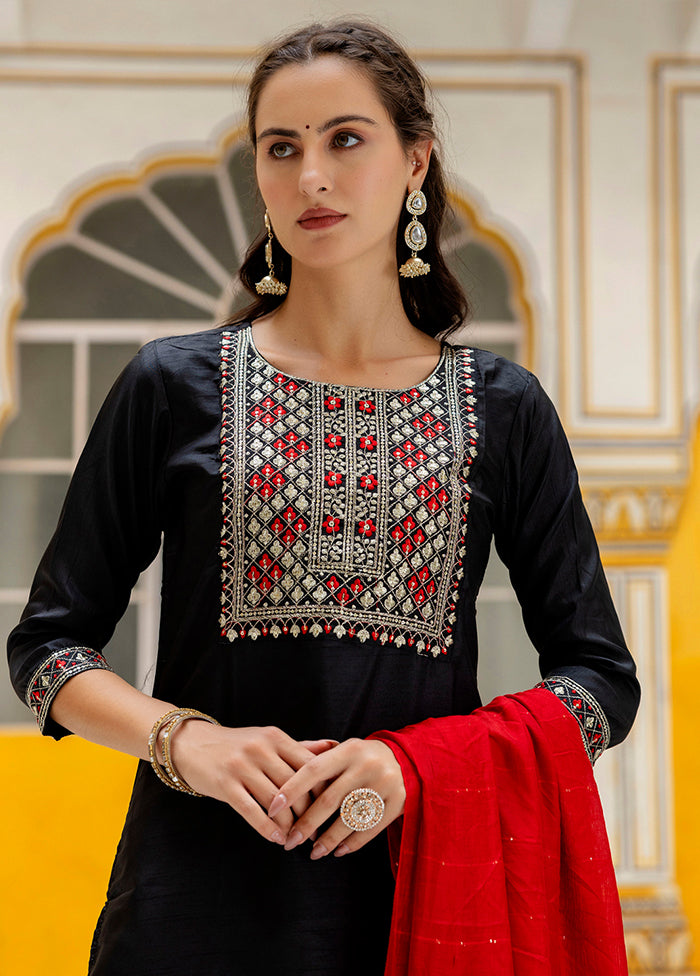 3 Pc Black Pure Readymade Silk Dupatta Suit Set