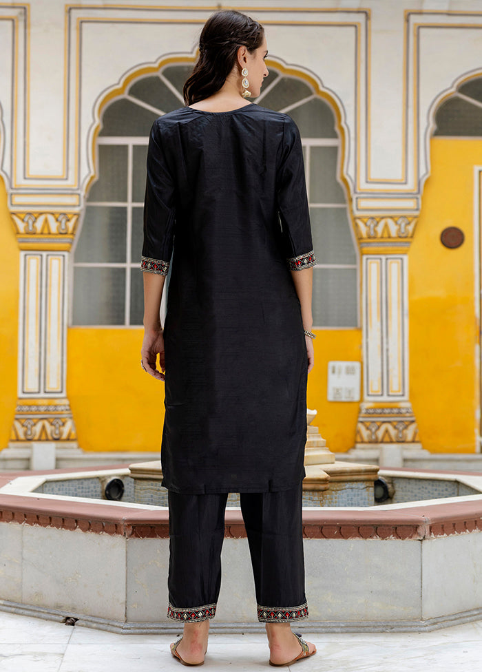 3 Pc Black Pure Readymade Silk Dupatta Suit Set