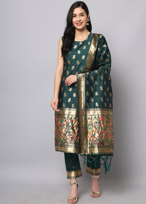 3 Pc Green Readymade Cotton Dupatta Suit Set