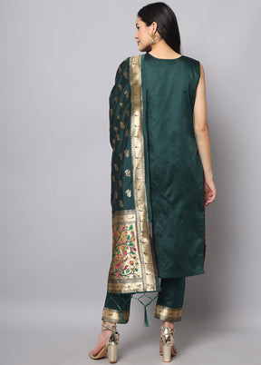 3 Pc Green Readymade Cotton Dupatta Suit Set