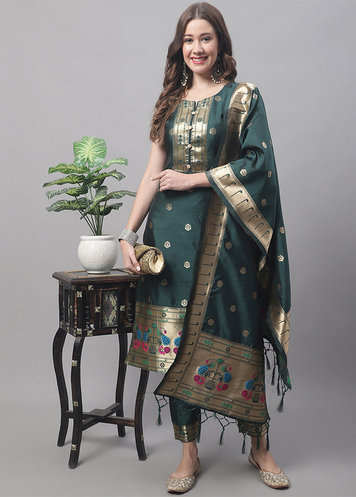 3 Pc Green Readymade Cotton Dupatta Suit Set